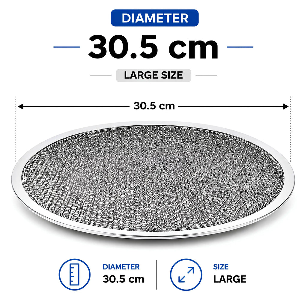 A round mesh filter or screen with a white rim, shown on a white background with dimension labels indicating a diameter of 30.5 cm and text reading LARGE SIZE.