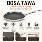 Dosa Tawa Honeycomb Series stainless steel tripy cookware pan with a long handle, shown on a white background with feature icons and text detailing honeycomb pattern, riveted handle, even heat distribution, and easy cleaning.