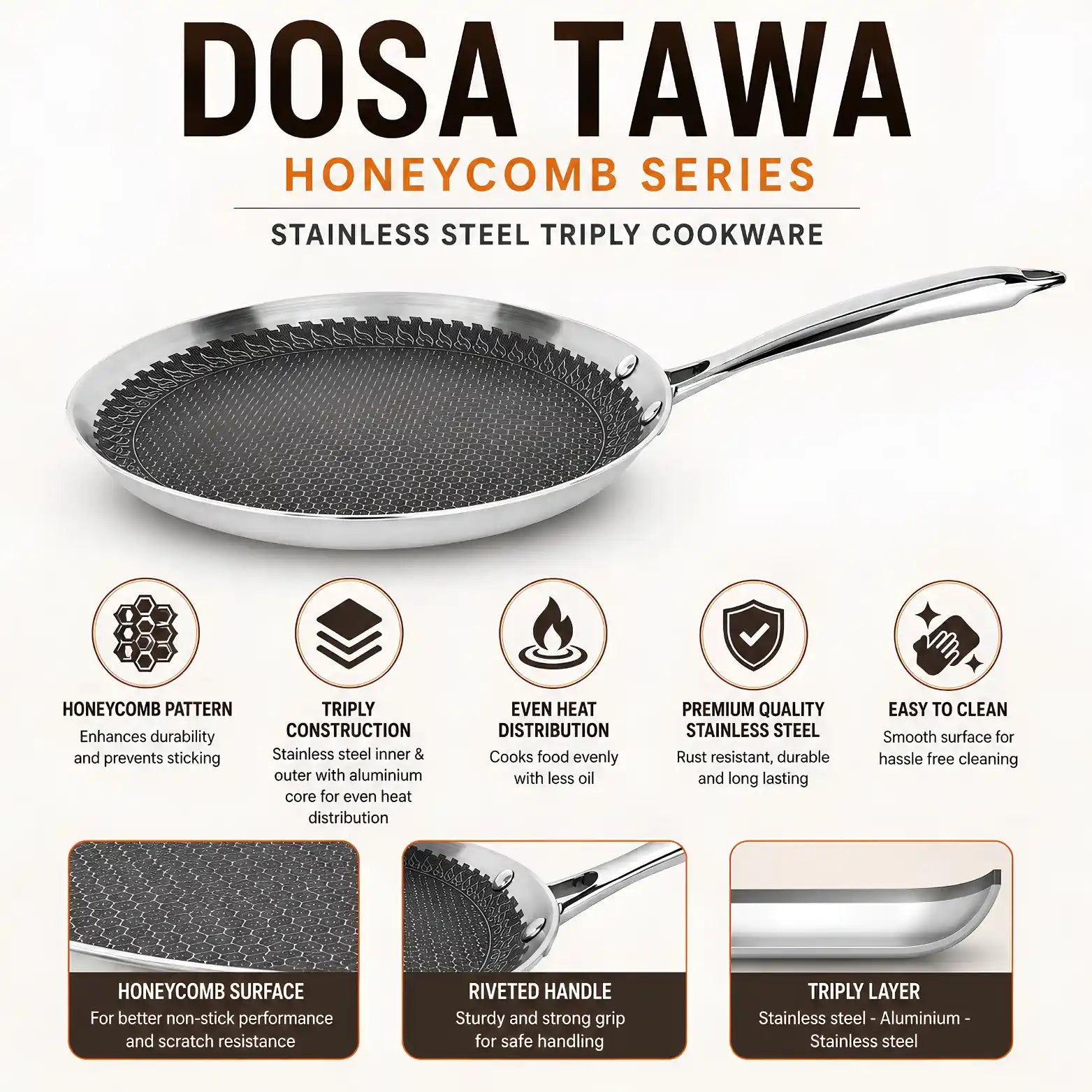 Dosa Tawa Honeycomb Series stainless steel tripy cookware pan with a long handle, shown on a white background with feature icons and text detailing honeycomb pattern, riveted handle, even heat distribution, and easy cleaning.