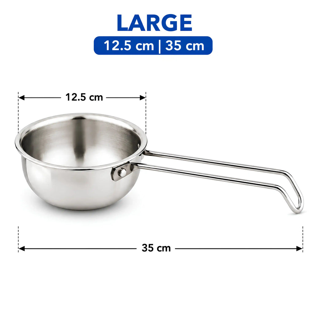 A stainless steel saucepan with a long handle, shown with dimension lines and text indicating a large size of 12.5 cm by 35 cm on a white background.