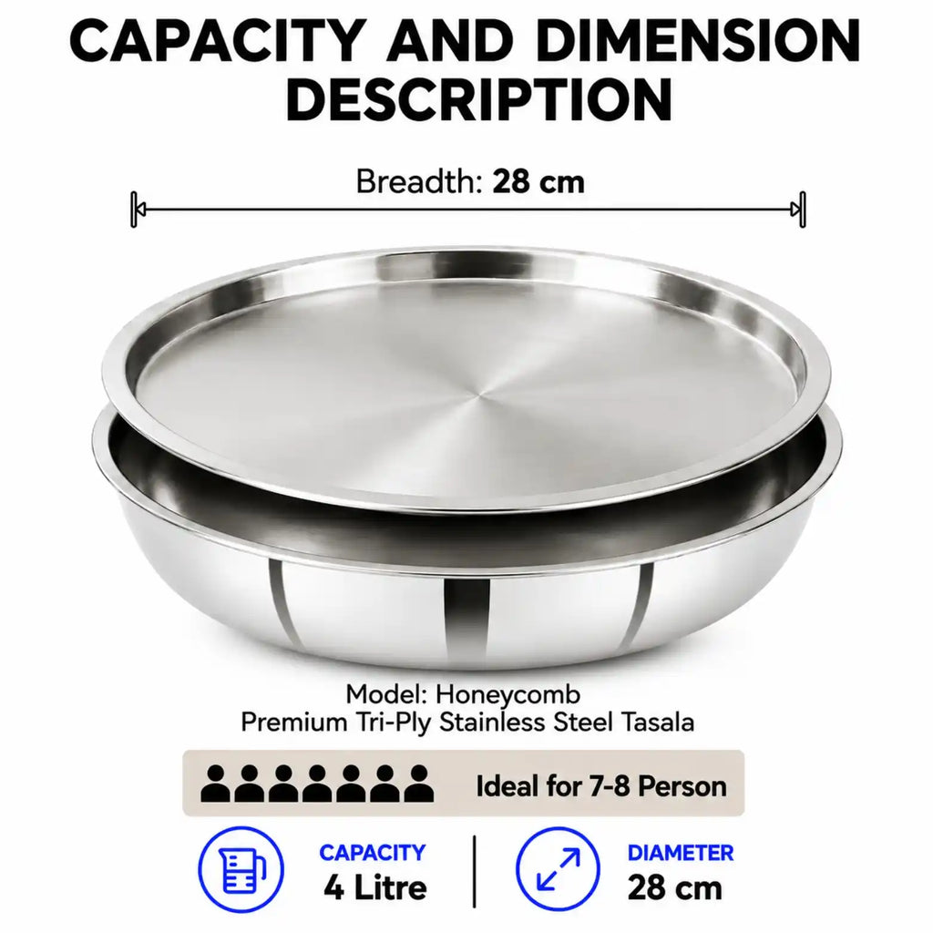 Stainless steel round serving platter with dimension annotations showing a 28 cm breadth and diameter, plus capacity details and icons on a white background.