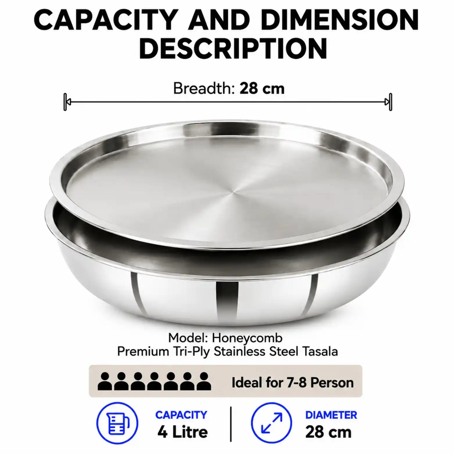 Stainless steel round serving platter with dimension annotations showing a 28 cm breadth and diameter, plus capacity details and icons on a white background.