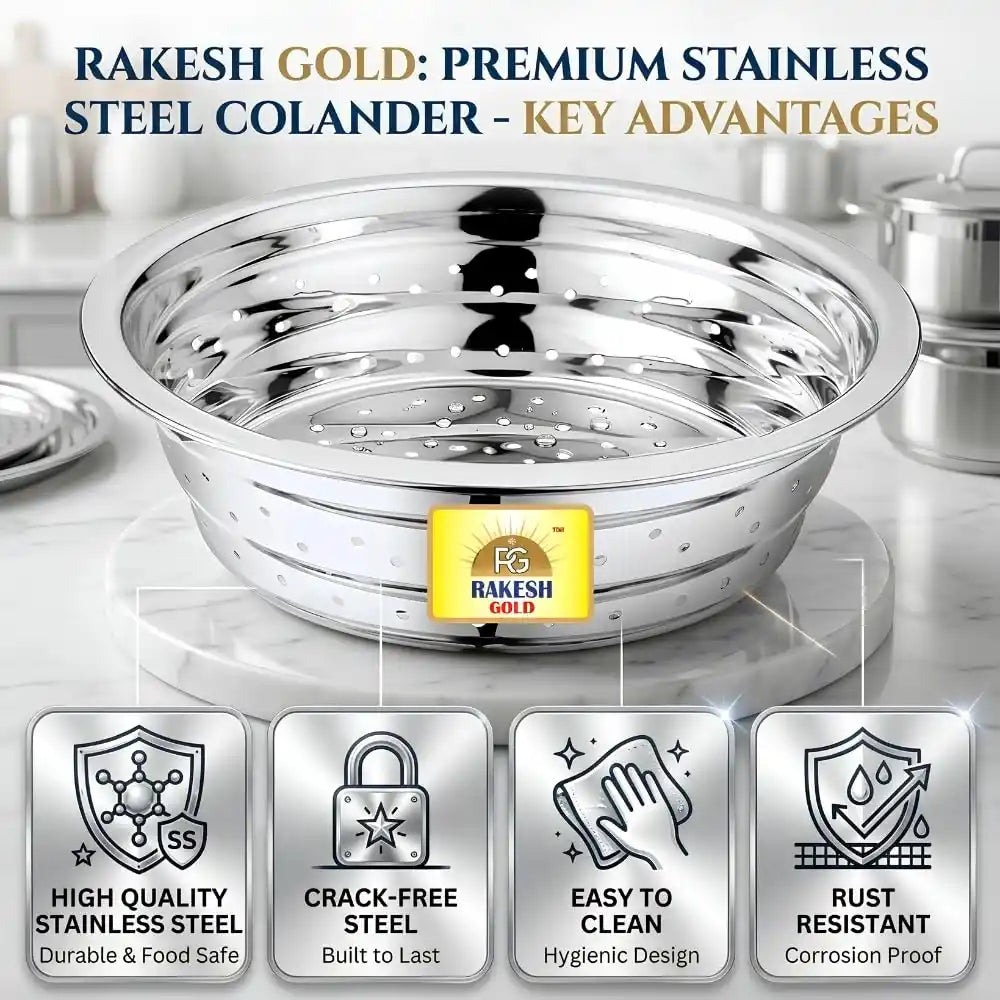 Rakesh Gold Stainless Steel Rice & Vegetable Chalni | Deep Multipurpose Strainer Basket