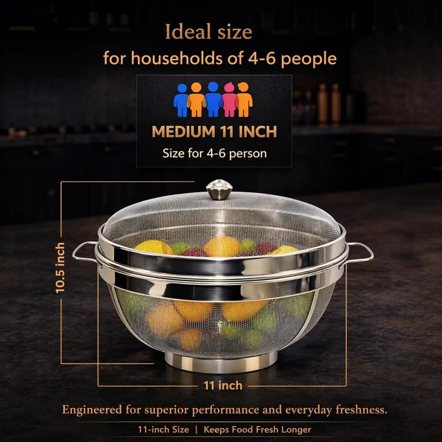 Rakesh Gold Stainless Steel Fruit & Vegetable Basket with Mesh Cover