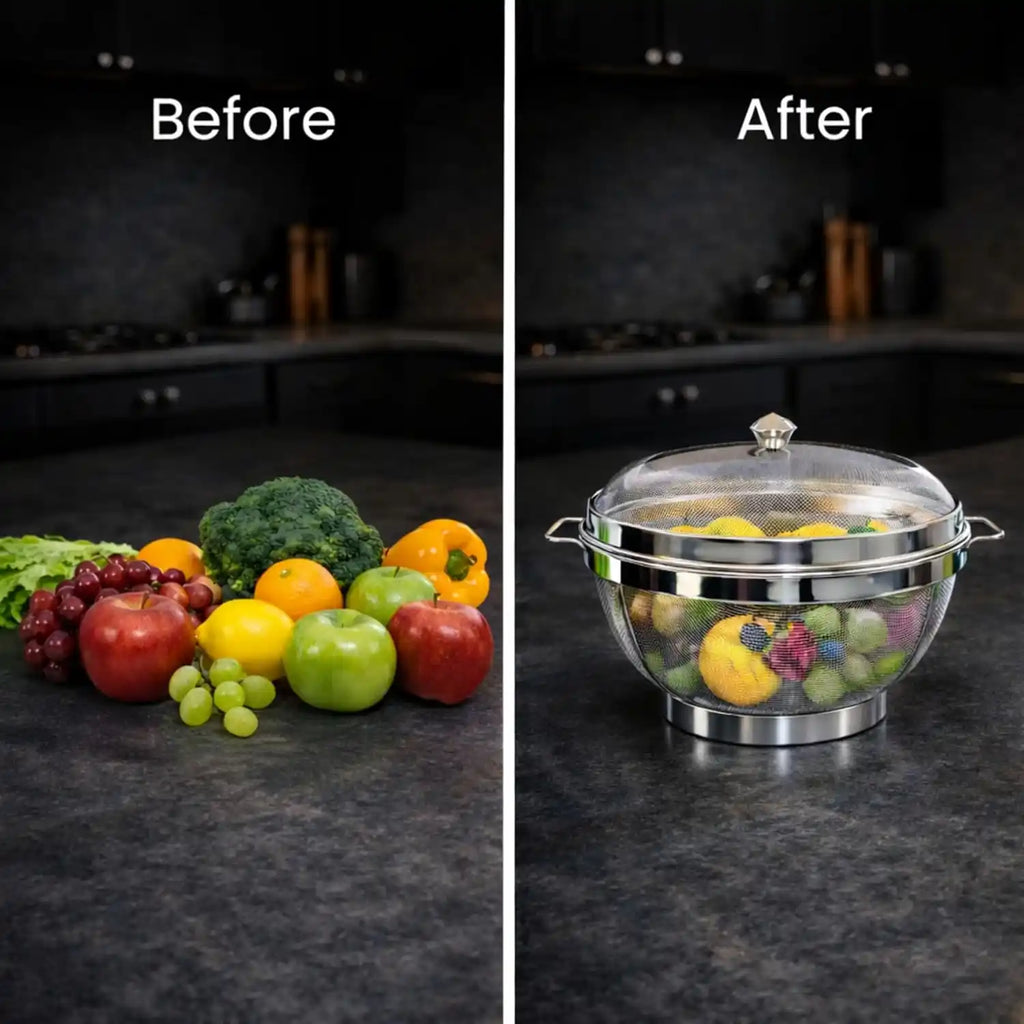 Rakesh Gold Stainless Steel Fruit & Vegetable Basket with Mesh Cover