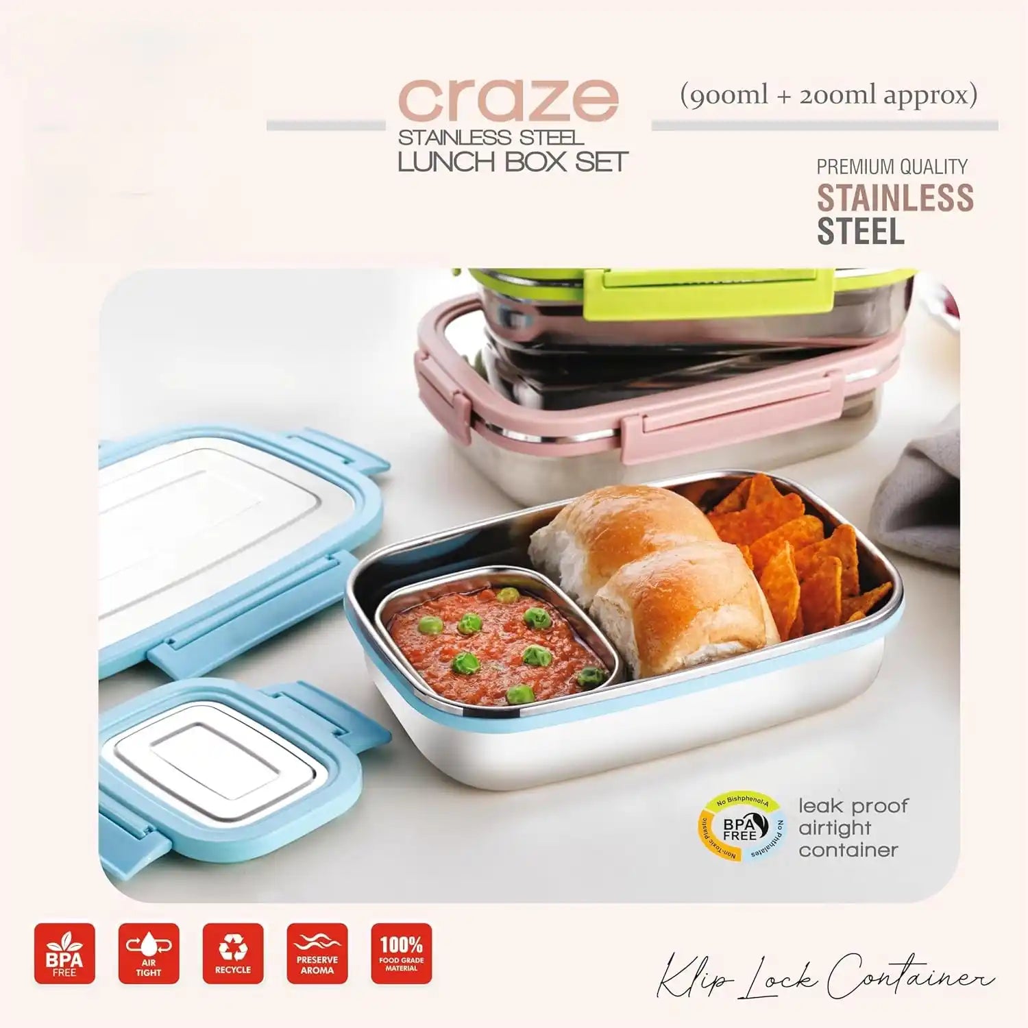 Craze stainless steel lunch box set with compartments filled with food on a white background