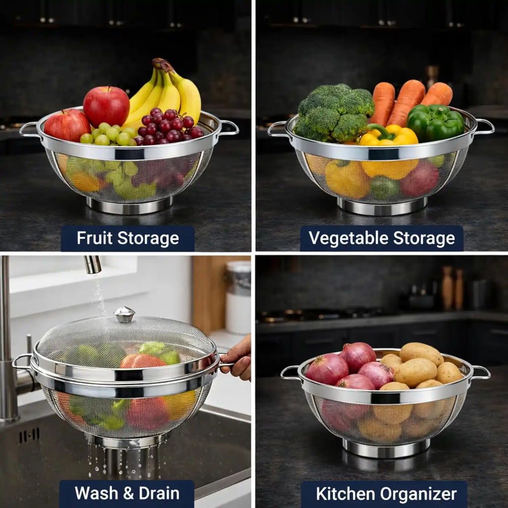 Rakesh Gold Stainless Steel Fruit & Vegetable Basket with Mesh Cover