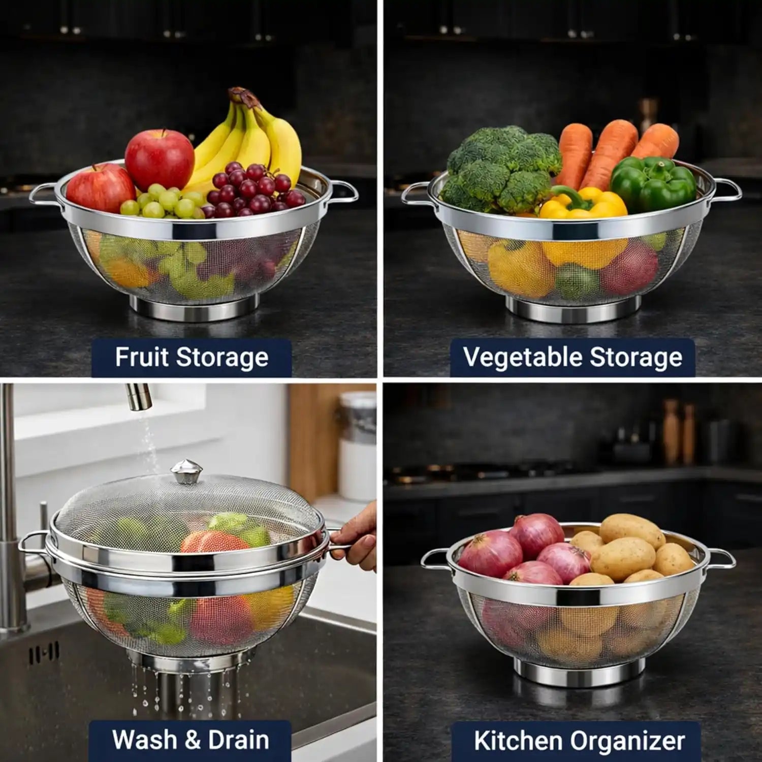 Rakesh Gold Stainless Steel Fruit & Vegetable Basket with Mesh Cover