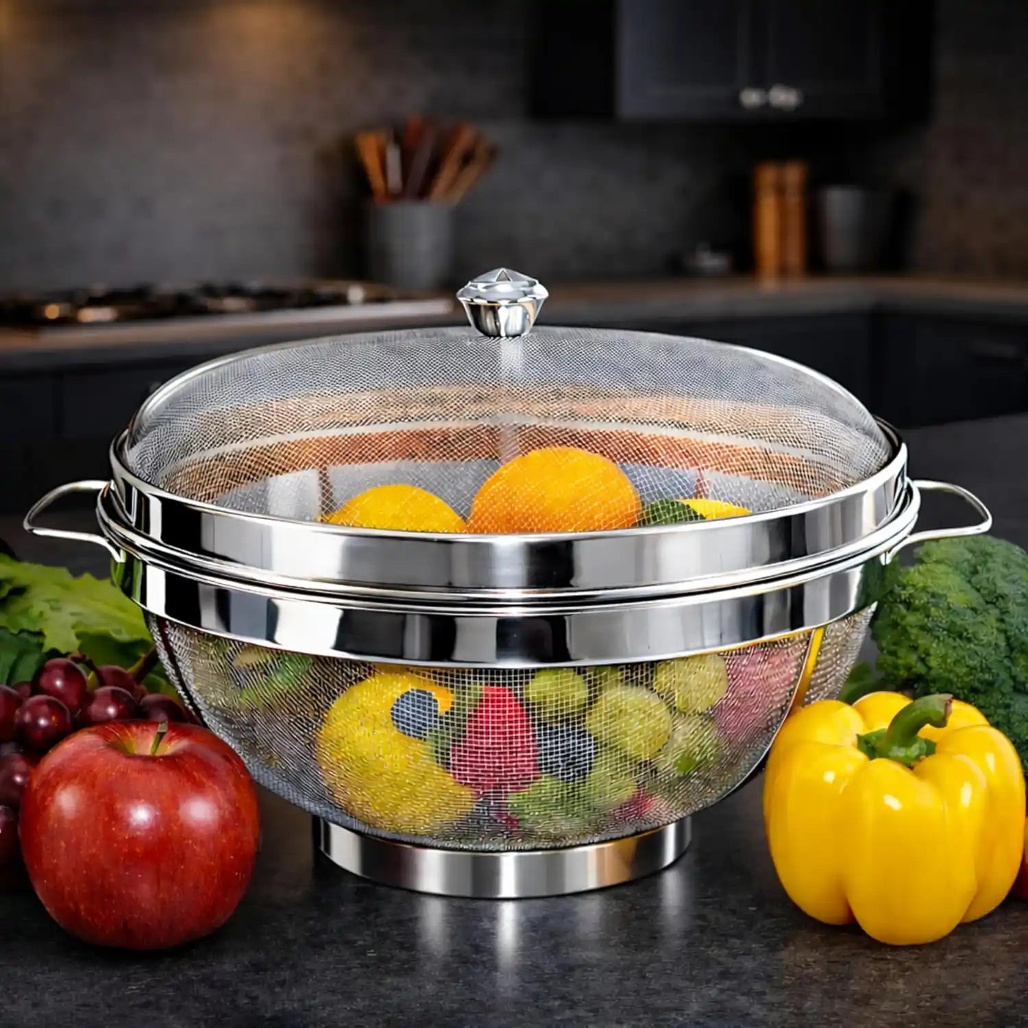Rakesh Gold Stainless Steel Fruit & Vegetable Basket with Mesh Cover