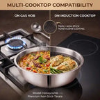 Tri-Ply stainless steel tasla with a honeycomb cooking surface and sturdy side handles, displayed on a dark brown background. Heavy-duty deep cooking vessel suitable for gas and induction cooktops.