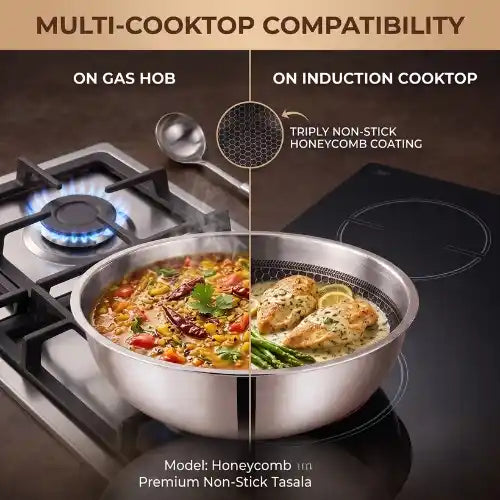Tri-Ply stainless steel tasla with a honeycomb cooking surface and sturdy side handles, displayed on a dark brown background. Heavy-duty deep cooking vessel suitable for gas and induction cooktops.