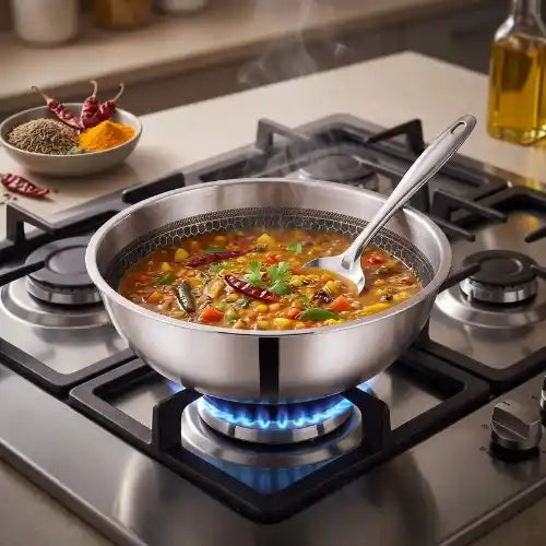 Tri-Ply stainless steel tasla with a honeycomb cooking surface and sturdy side handles, displayed on a dark brown background. Heavy-duty deep cooking vessel suitable for gas and induction cooktops.