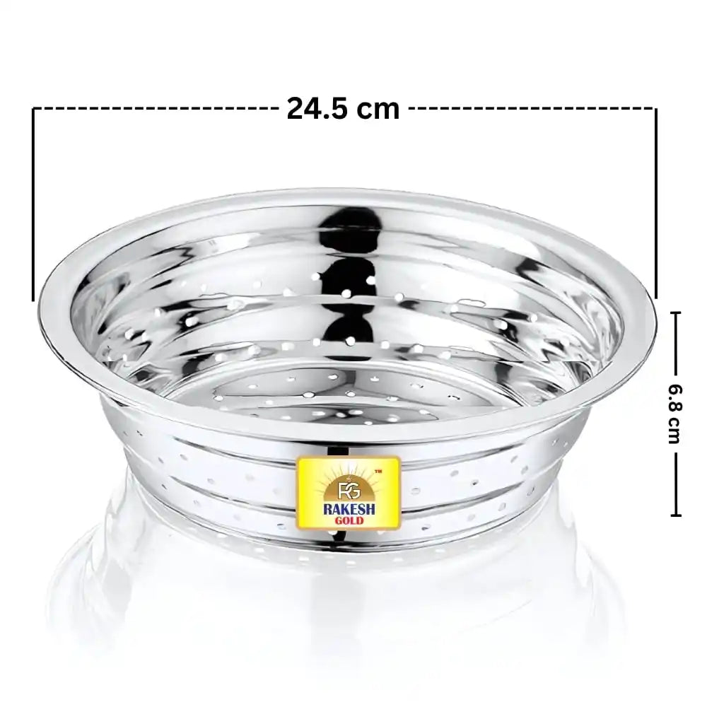 Stainless steel vegetable washing chalni with perforated design on a modern kitchen countertop, ideal for rinsing fruits, vegetables, rice, and pasta.