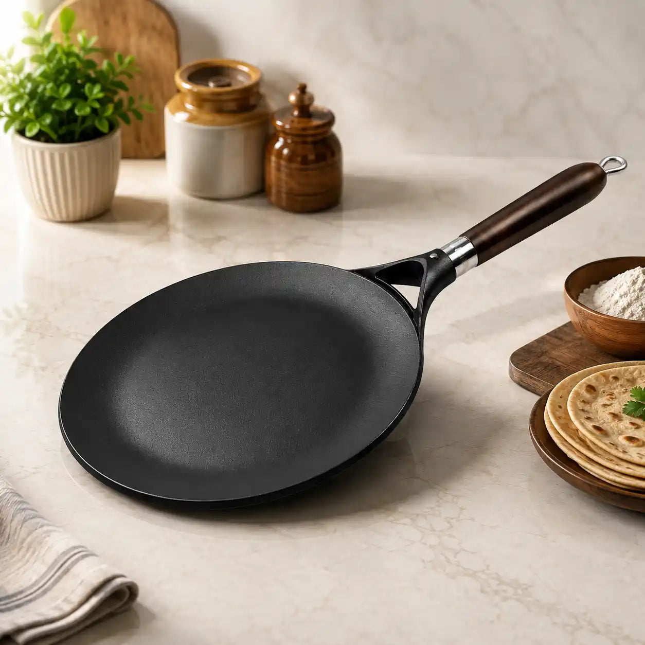 Cast Iron Tawa with Wooden Handle