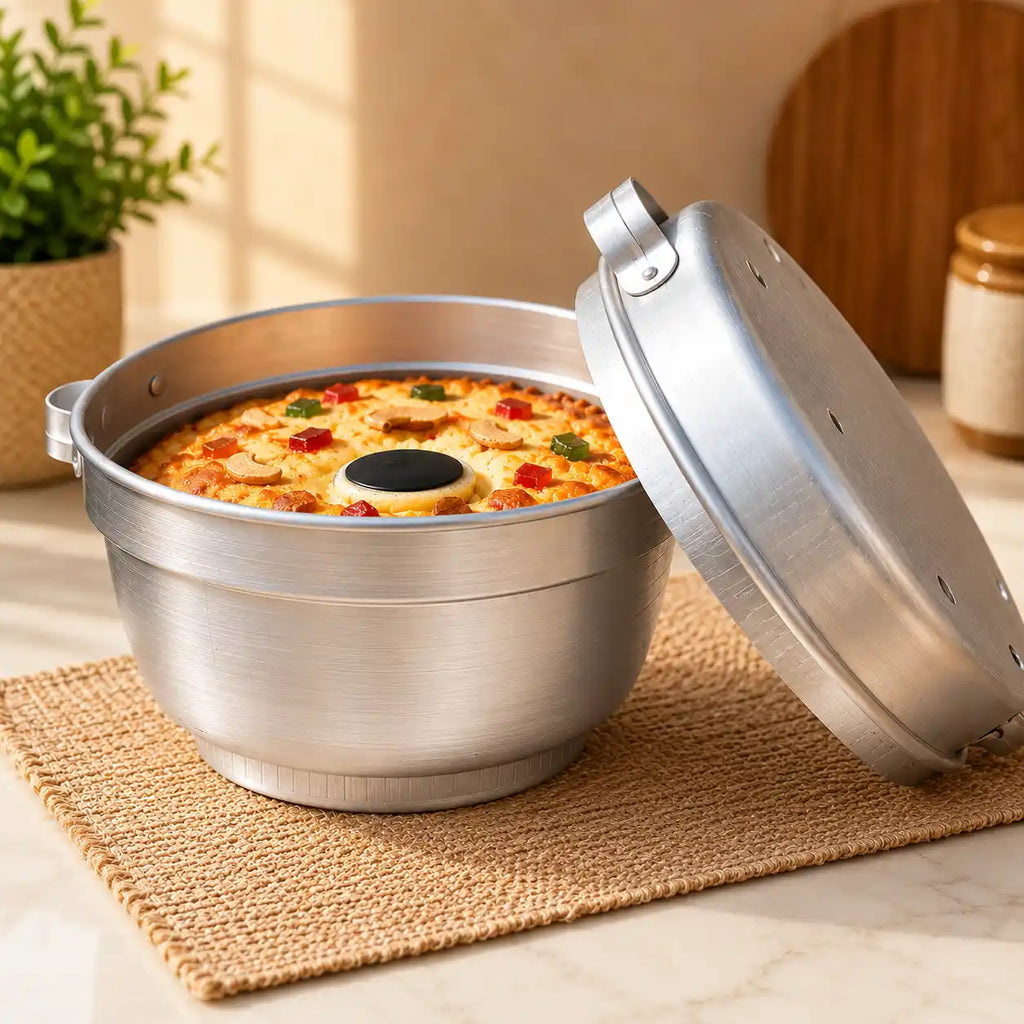 A stainless steel round baking pan with a matching lid leaning against it, filled with a baked pizza. The pan sits on a woven placemat on a light marble surface, with a potted plant and wooden cutting board blurred in the background.