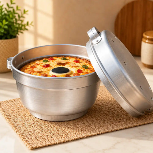A stainless steel round baking pan with a matching lid leaning against it, filled with a baked pizza. The pan sits on a woven placemat on a light marble surface, with a potted plant and wooden cutting board blurred in the background.