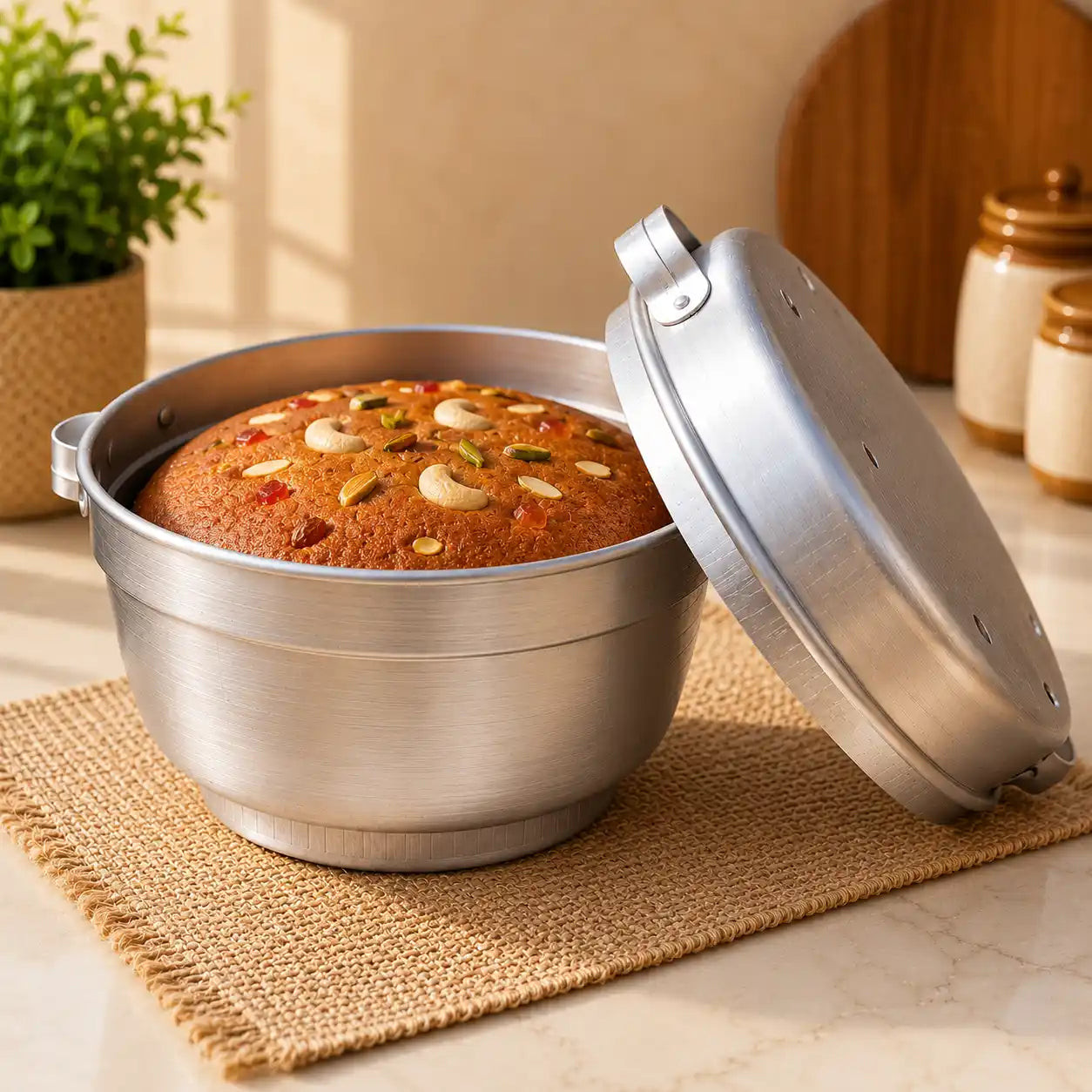 A stainless steel round cake or pudding mold with a matching lid, shown partially open with a baked pudding inside. The mold sits on a woven placemat on a light marble surface, with a small potted plant and jars in the background.
