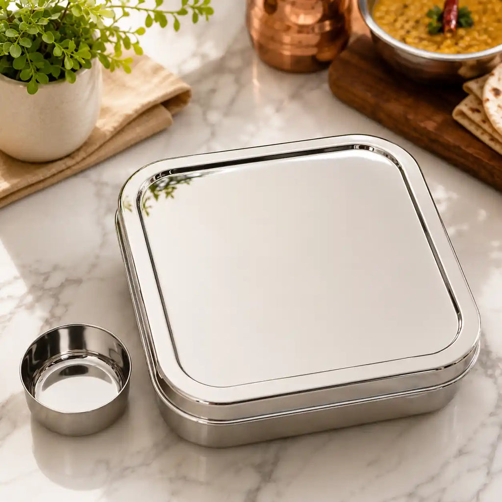 A square stainless steel bento lunch box with a matching lid, shown on a marble countertop with a small detached metal cup beside it. A potted plant, folded cloth, copper vessel, and bowl of food are visible in the background as styled kitchen props.