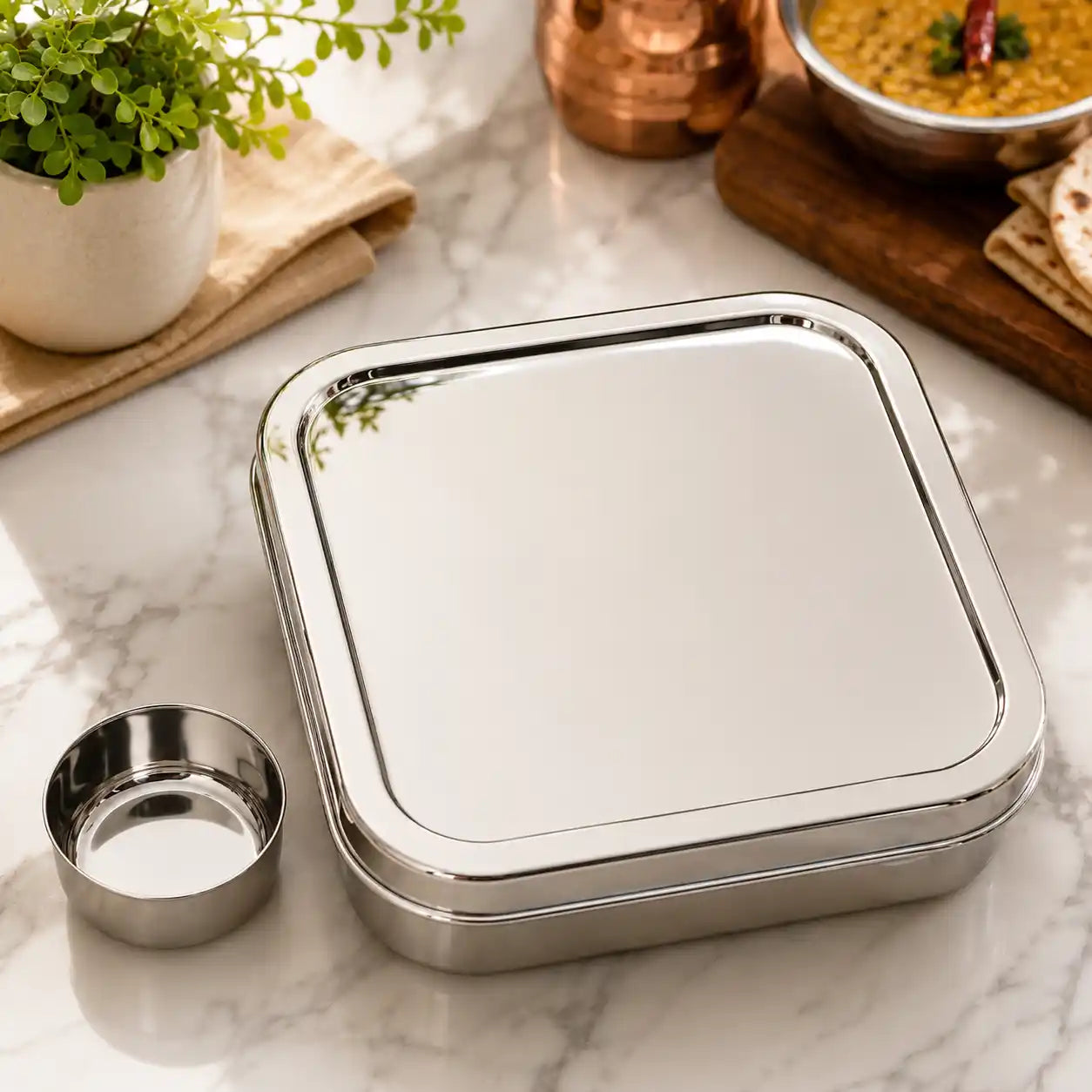 A square stainless steel bento lunch box with a matching lid, shown on a marble countertop with a small detached metal cup beside it. A potted plant, folded cloth, copper vessel, and bowl of food are visible in the background as styled kitchen props.