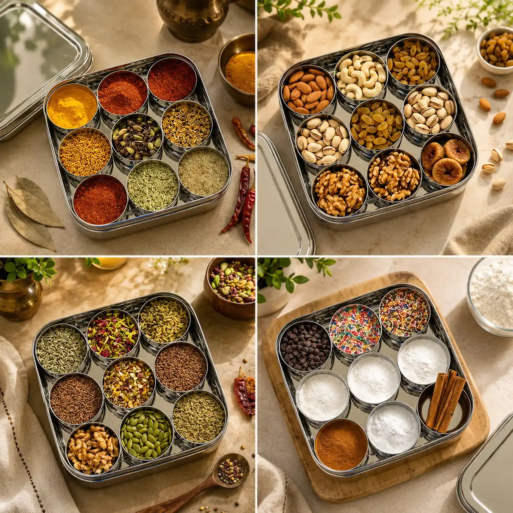 A 4-panel collage showing a square metal Indian thali/plate filled with assorted spices, nuts, dried fruits, and sweets in different color combinations, styled on a beige fabric surface with surrounding props like a spoon, leaf, and glass bowl.
