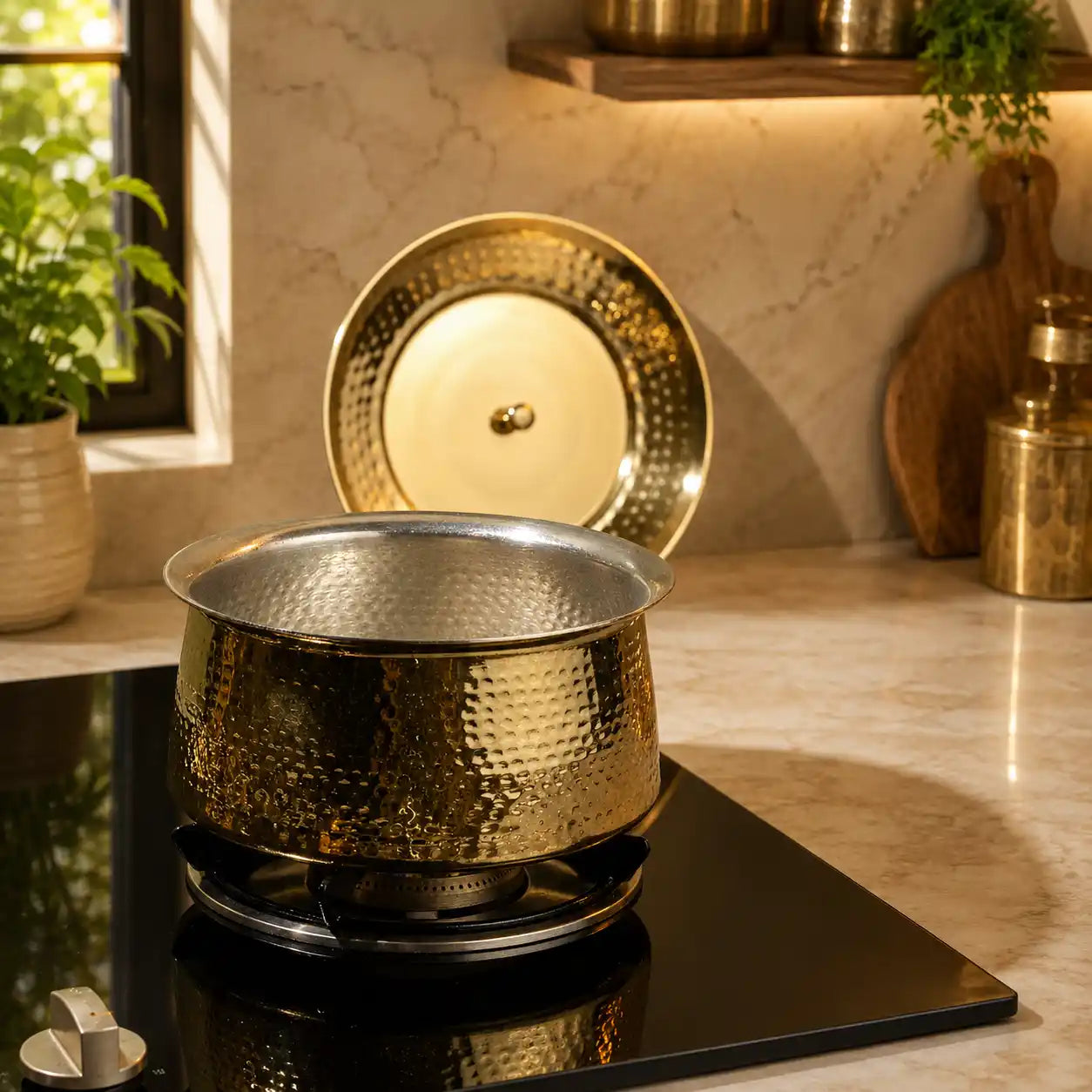 100% Pure Brass Hammered Lagan Handi with Lid & Kalai Coating Inside