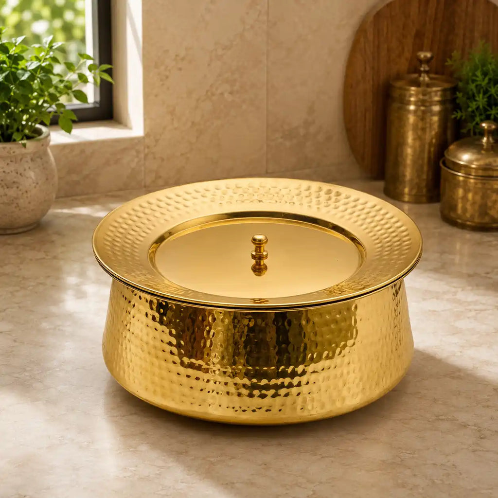100% Pure Brass Hammered Lagan Handi with Lid & Kalai Coating Inside