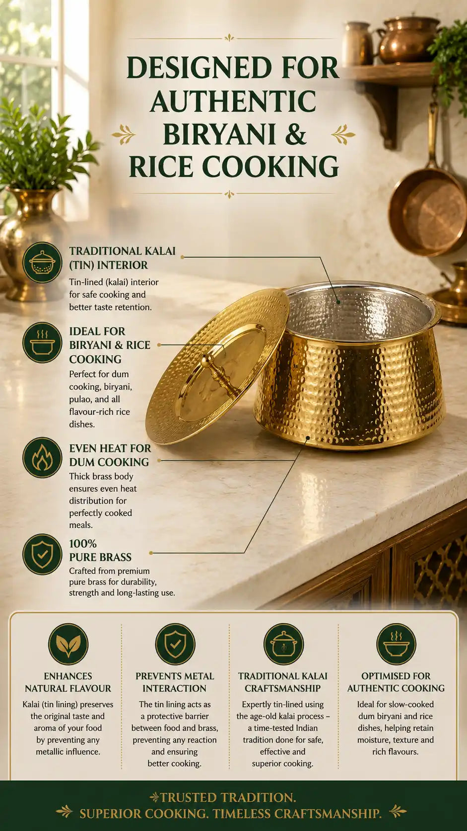 100% Pure Brass Hammered Lagan Handi with Lid & Kalai Coating Inside