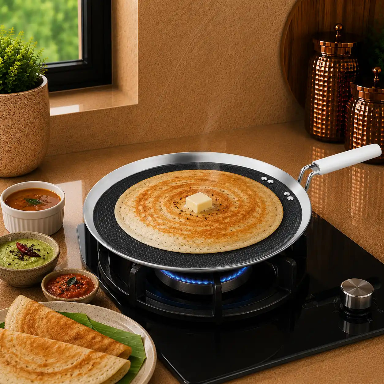 Pan with a dosa cooking on a gas stove, surrounded by ingredients and utensils.