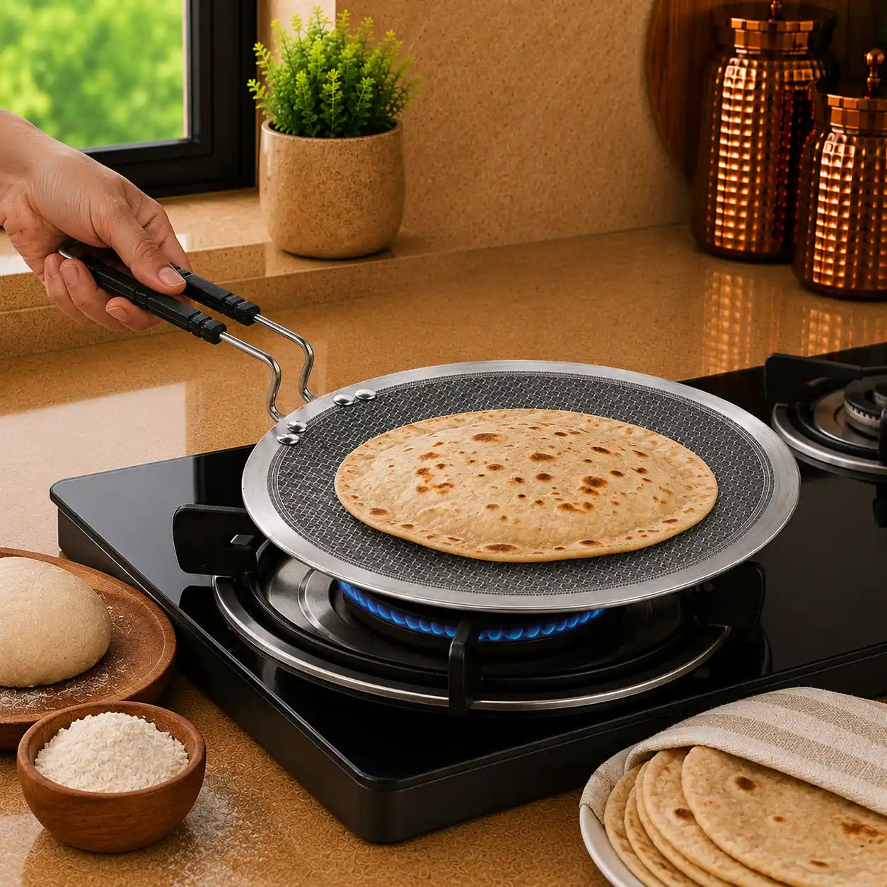 Person cooking a flatbread on a gas stove with ingredients and tortillas around.