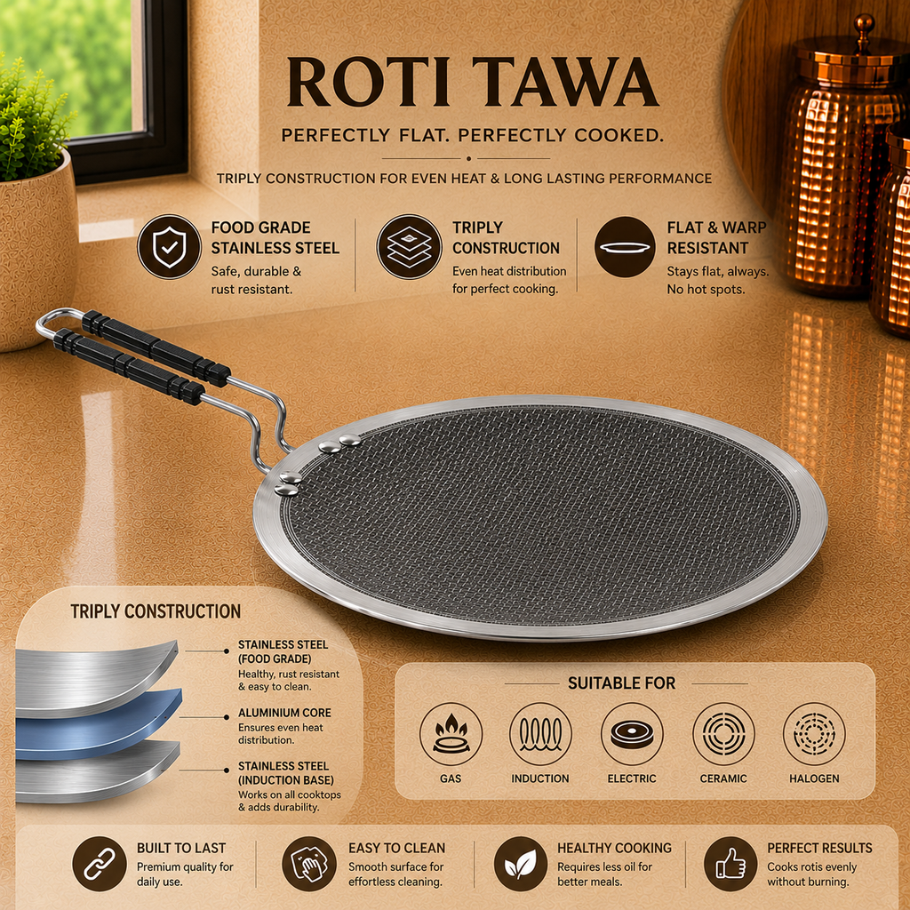 Roti tawa with features and benefits on a wooden surface