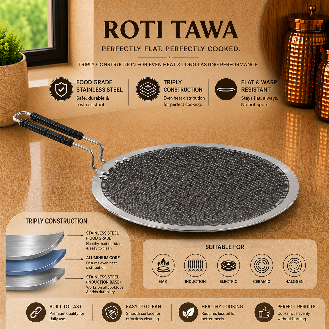 Roti tawa with features and benefits on a wooden surface