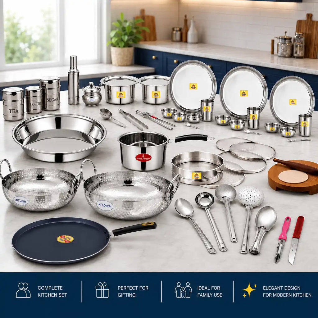 Collection of stainless steel kitchen utensils and cookware on a kitchen counter.