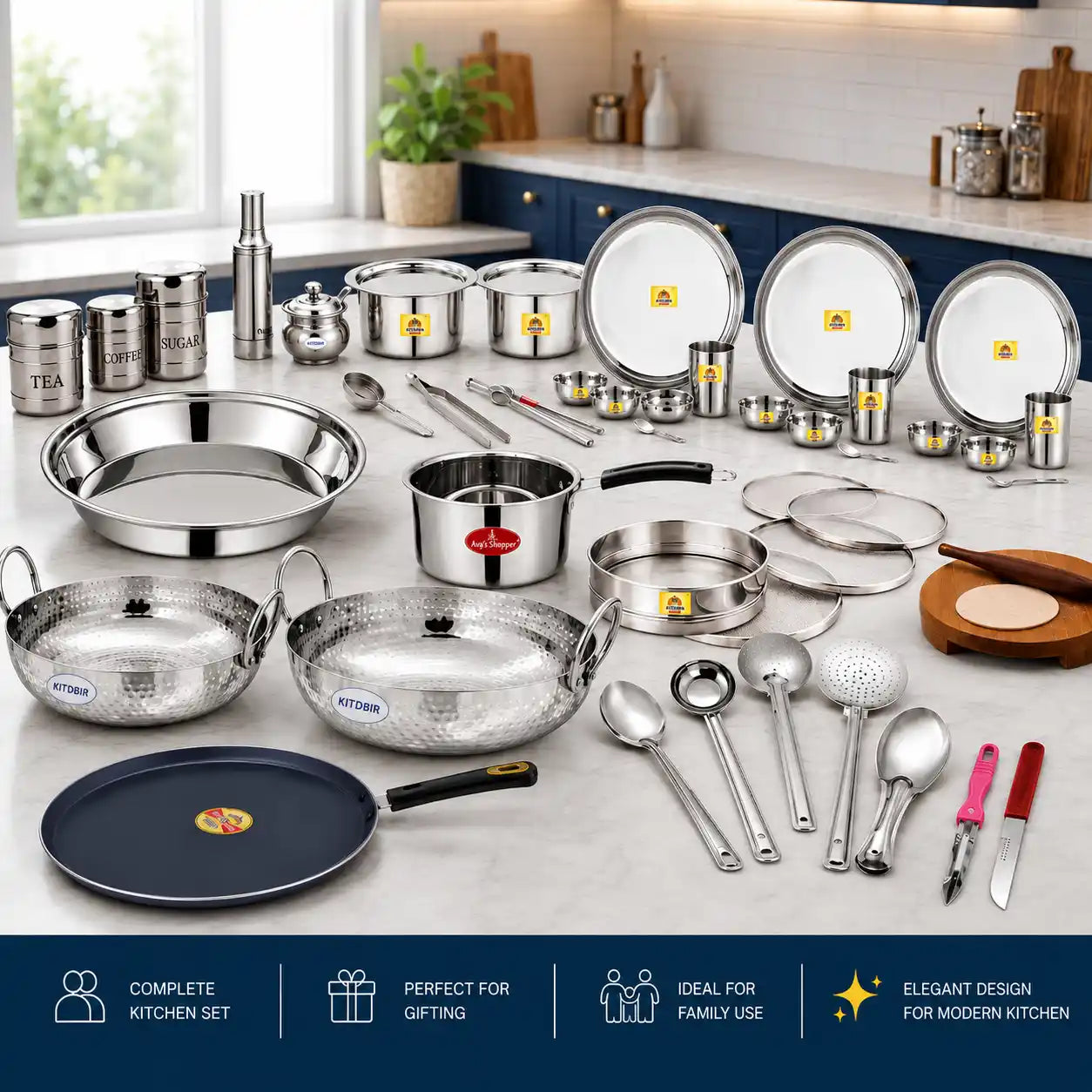 Collection of stainless steel kitchen utensils and cookware on a kitchen counter.
