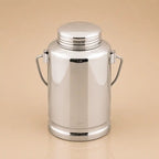 A polished stainless steel milk canister with a matching screw-top lid and two side handles, shown on a plain beige background.