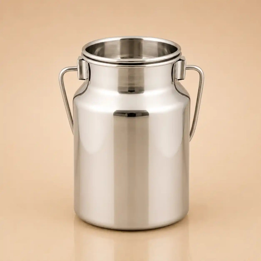 A stainless steel milk can with two side handles, shown on a plain beige background.