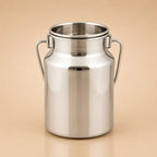 A stainless steel milk can with two side handles, shown on a plain beige background.