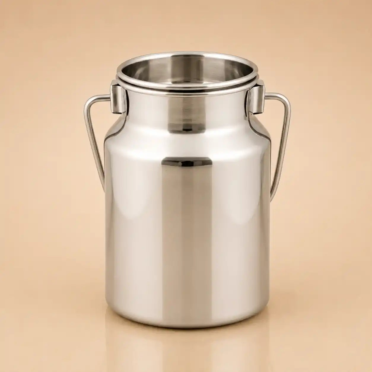 A stainless steel milk can with two side handles, shown on a plain beige background.