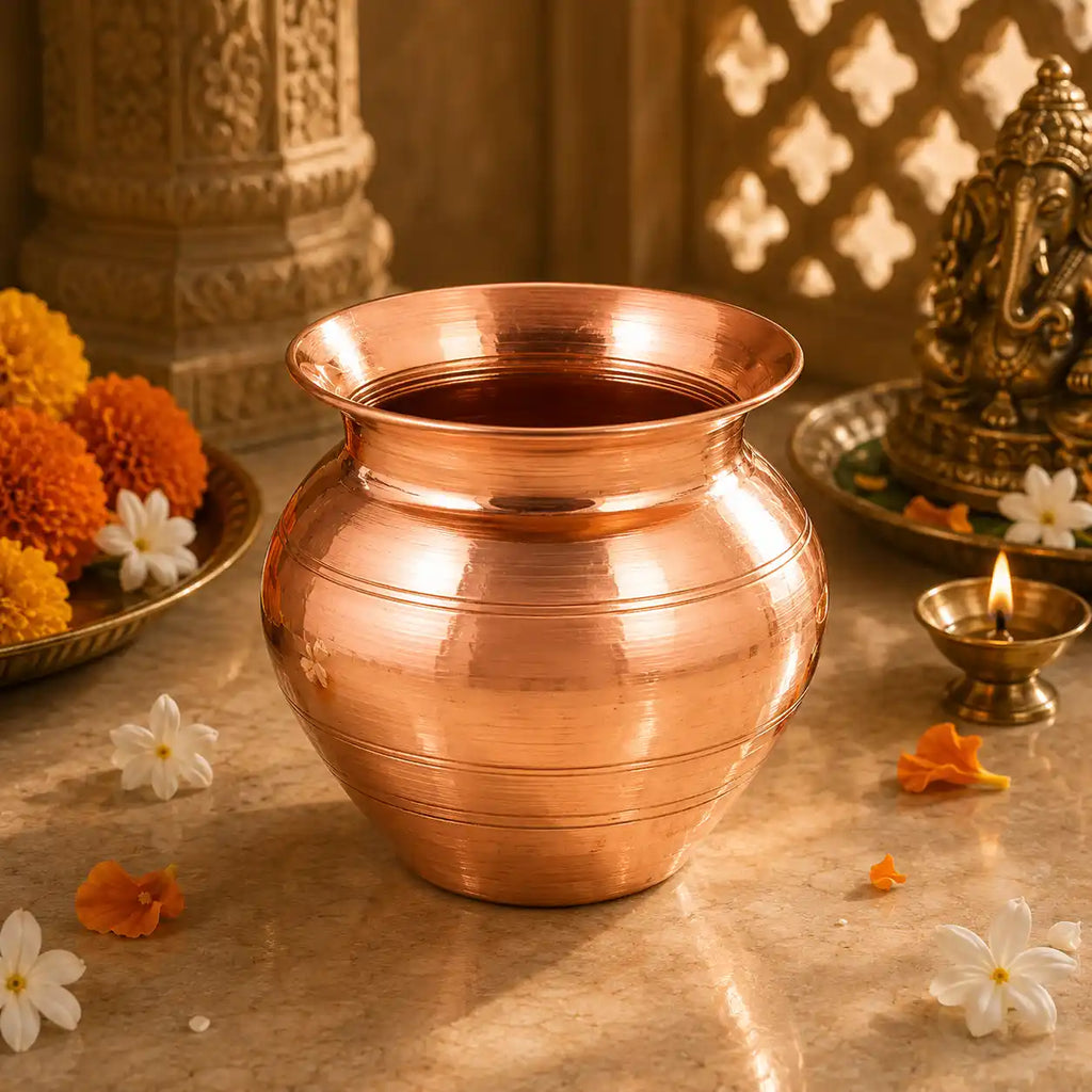 A polished copper pot (kumkum pot) with a flared rim, set on a stone surface surrounded by marigold flowers, a lit brass diya, and a brass Ganesha idol in a warm, traditional setting.