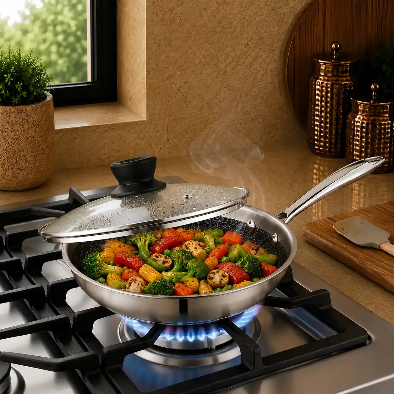Honeycomb Stainless Steel Fry Pan with Glass Lid