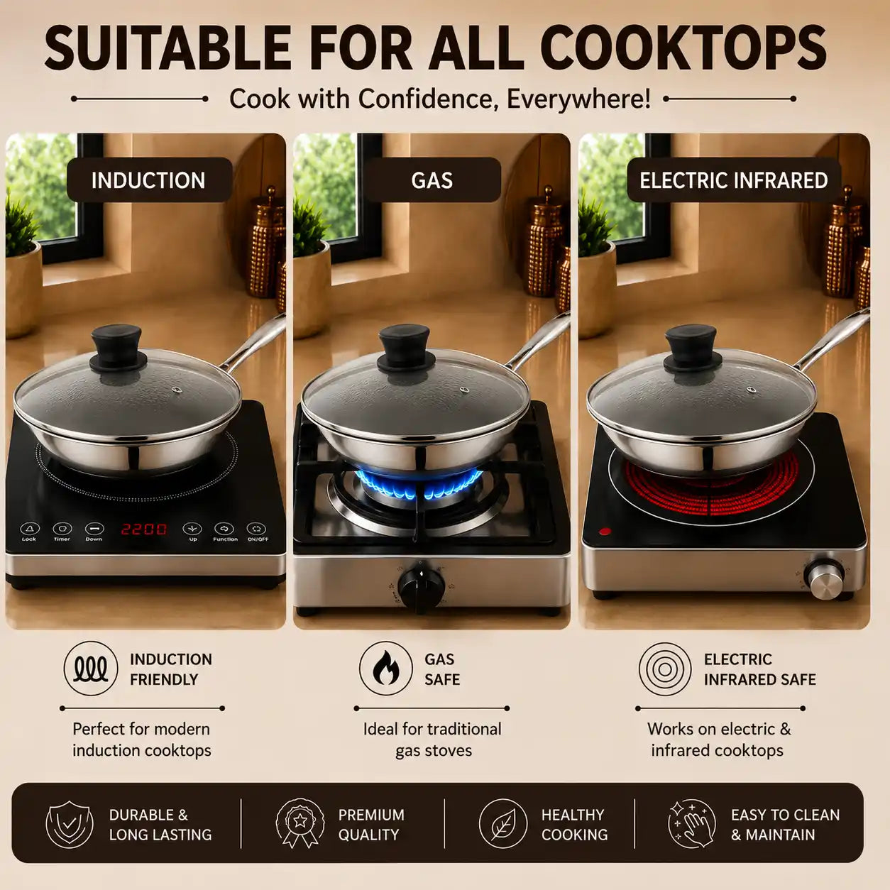 A promotional infographic for induction cooktops showing three cooking methods side by side: induction, gas, and electric infrared. Each panel features a stainless steel pan with a glass lid on a cooktop, with text labels and icons indicating key features like induction-friendly, gas safe, and electric infrared safe.