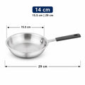 A stainless steel frying pan with a dark gray handle, shown with dimension lines and text indicating a 14 cm (15.5 cm x 29 cm) diameter.