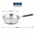 A stainless steel frying pan with a dark gray handle, shown with dimension lines and text indicating a 14 cm (15.5 cm x 29 cm) diameter.