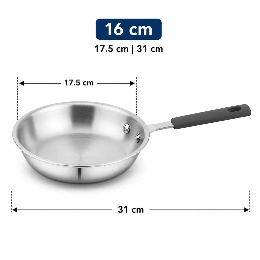 A stainless steel frying pan with a dark gray handle, shown with dimension lines and text indicating a 16 cm diameter, 17.5 cm depth, and 31 cm overall width.