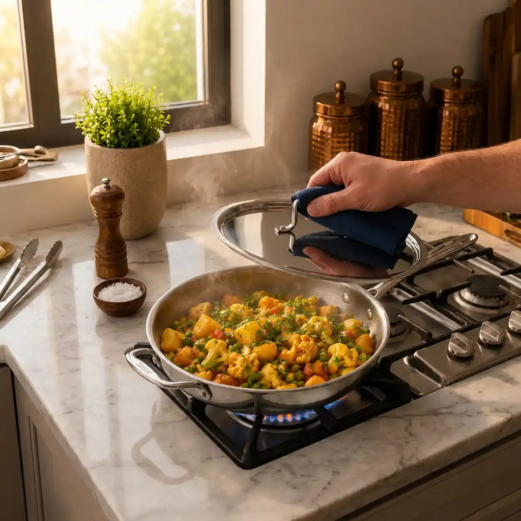 A stainless steel skillet filled with colorful cooked vegetables sits on a gas stove in a real kitchen, with a hand holding a blue cloth and lifting a glass lid. A pepper mill, salt bowl, potted plant, and copper canisters are visible in the background.