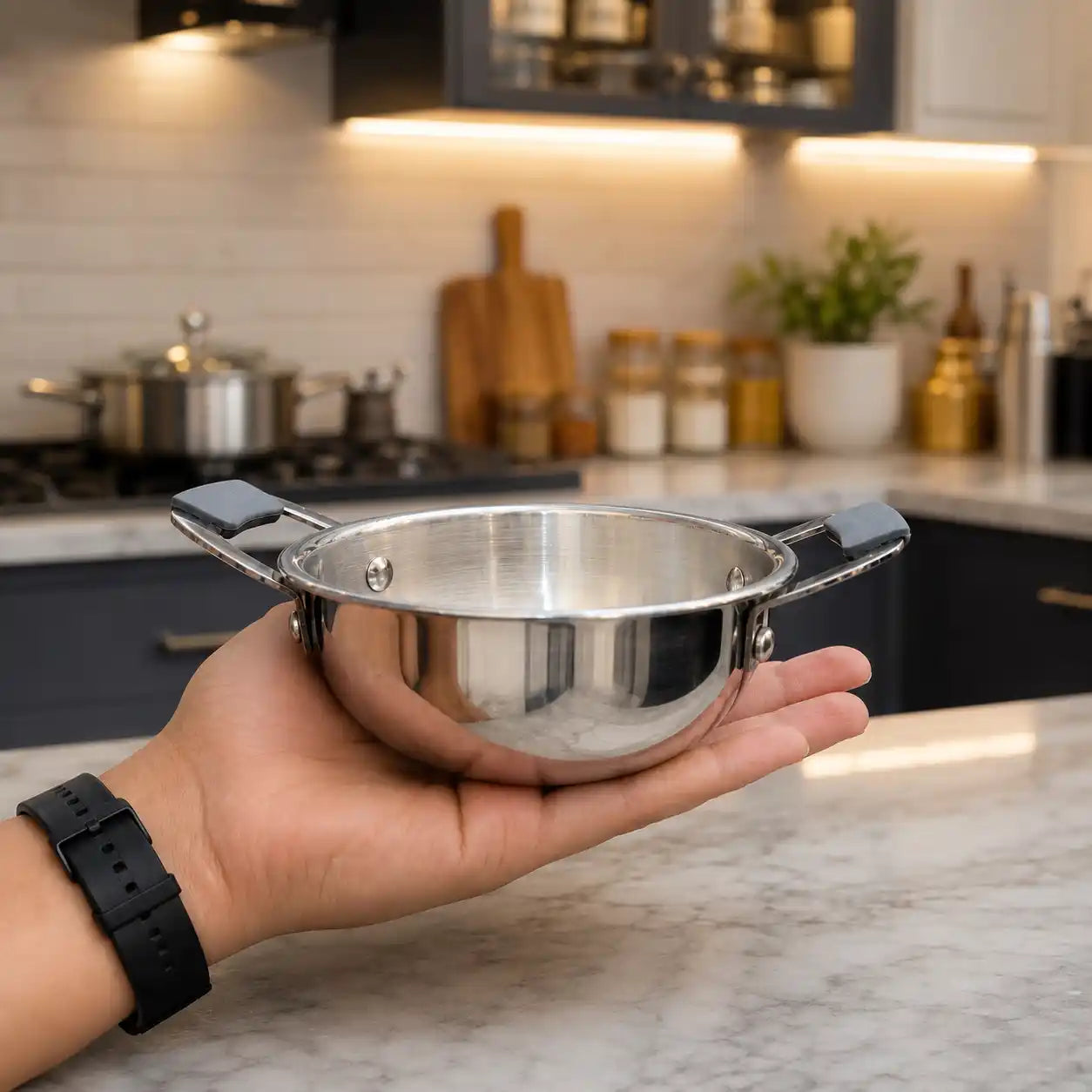 A hand holds a small stainless steel pot with black handles in a modern kitchen setting.