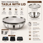 A stainless steel tripy bowl with lid shown on a dark brown infographic-style background, with text and icons describing features, product set contents, and suitable cooktop types.