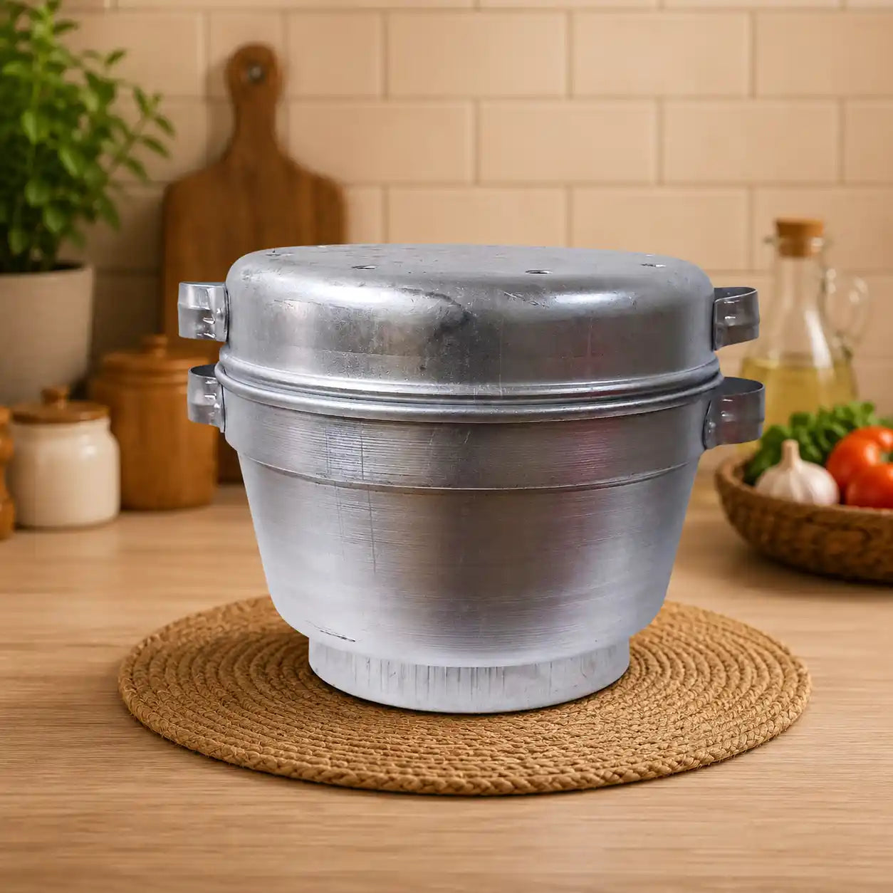 A large, round, double-walled stainless steel pot or steamer pot with side handles, sitting on a round woven jute placemat on a wooden countertop in a kitchen setting.