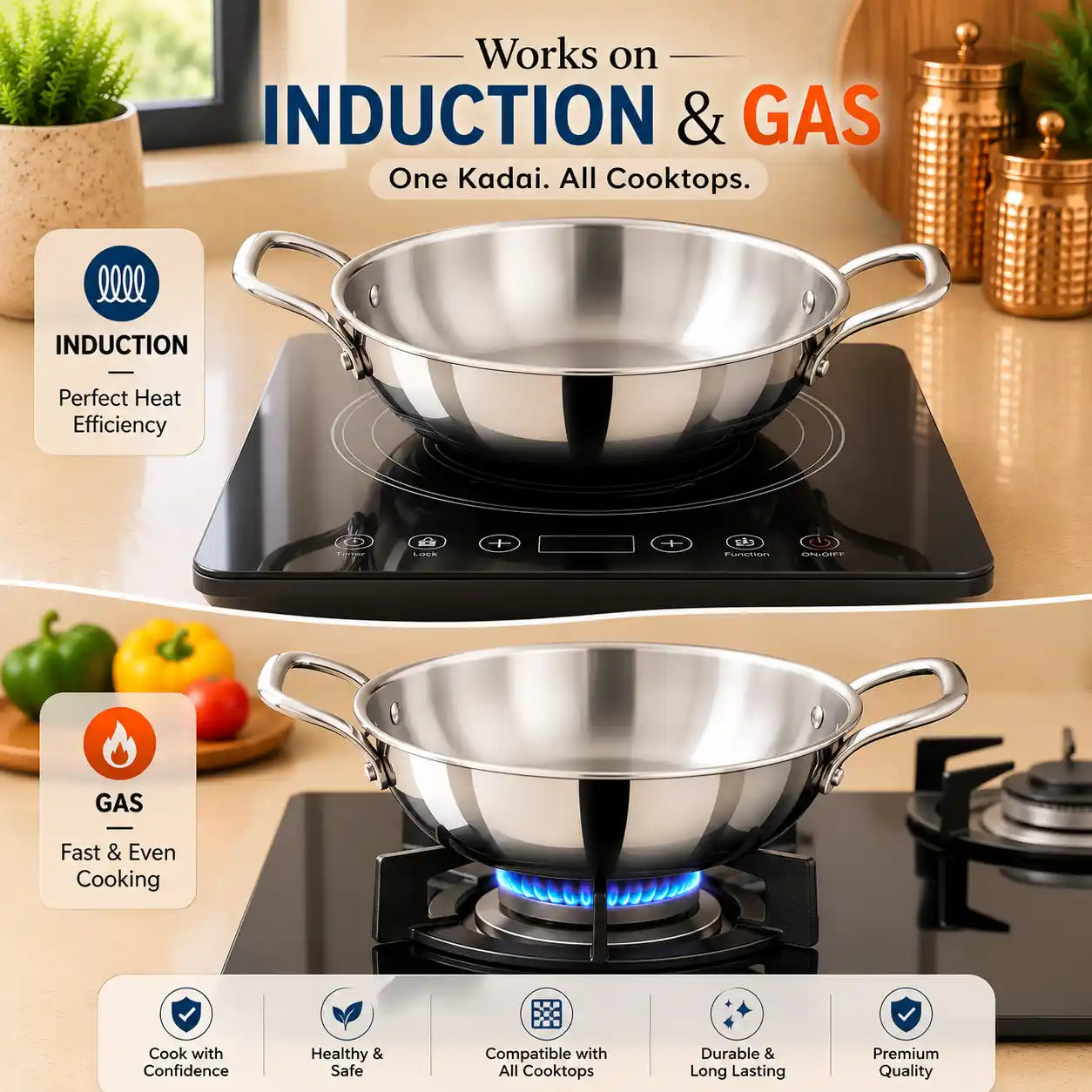 Triply Stainless Steel Kadhai Without Lid | 3 Layer Cooking Kadai for Sabji