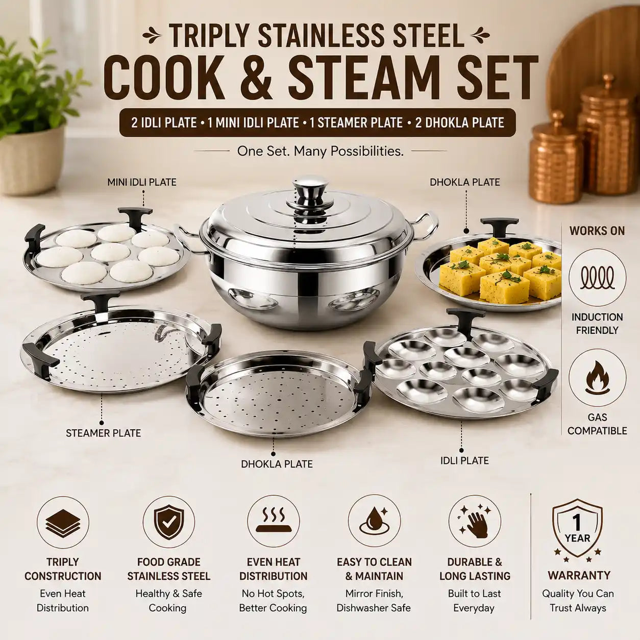 Stainless Steel Idli Maker/Cooker, Multi Kadai Steamer with Bottom Induction Dhokla Cooker Big Size 5 Plate 2 Idli, 2 Dhokla, 1 Patra, Momo’s