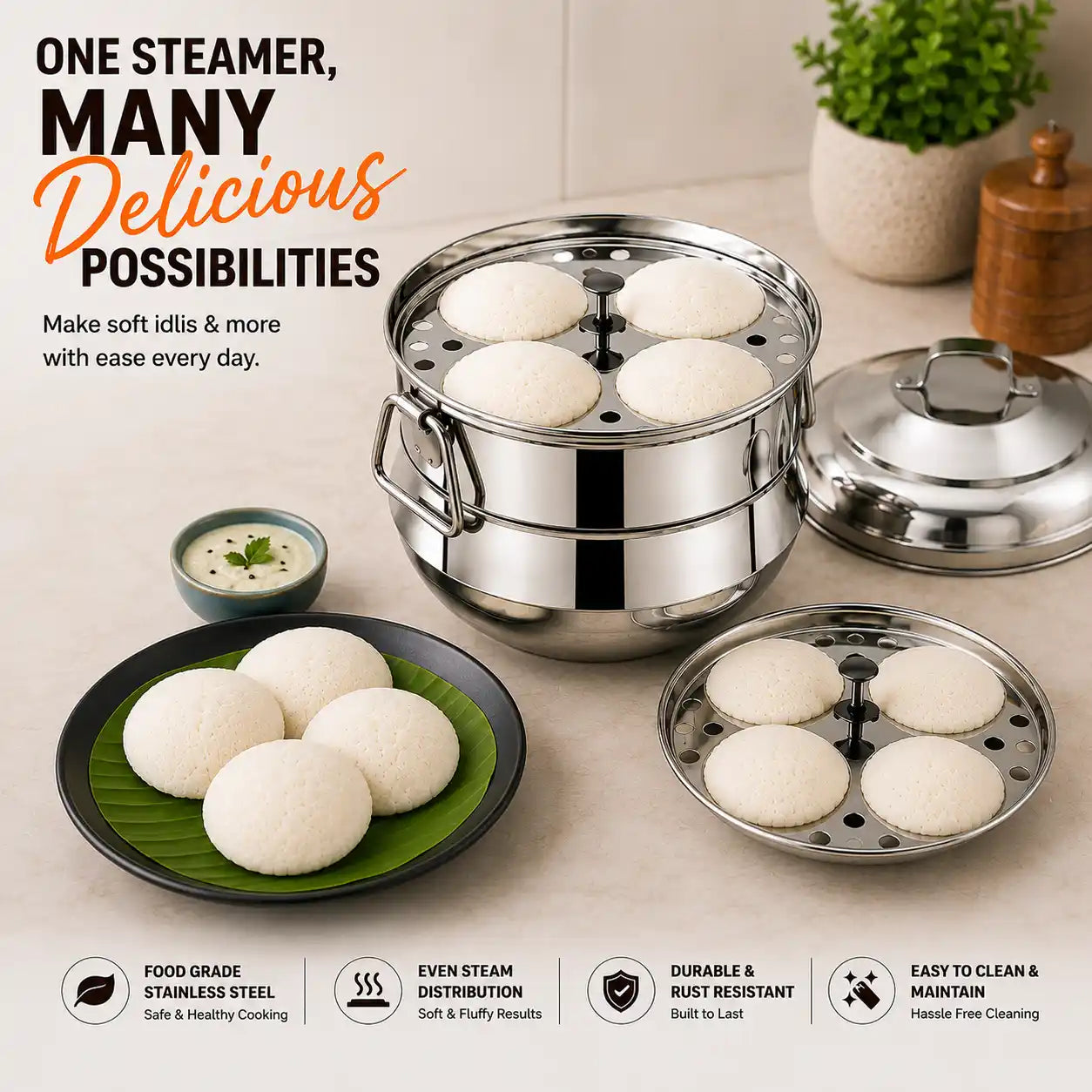Stainless Steel Idli Cooker/Maker, 9/13 Idlis Gas Stove & Induction Compatible